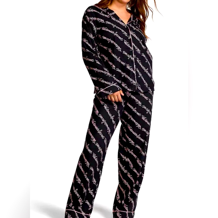 Nwot Victoria's Secret Black Satin Pajama Set With Classic Style